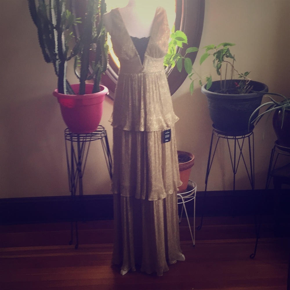 Tiered long plunge neckline dress.